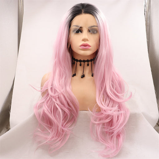 Black Root Pink Body Wave Long Lace Front High Heat Resistant Fiber Synthetic Hair Wigs [ILS5714]