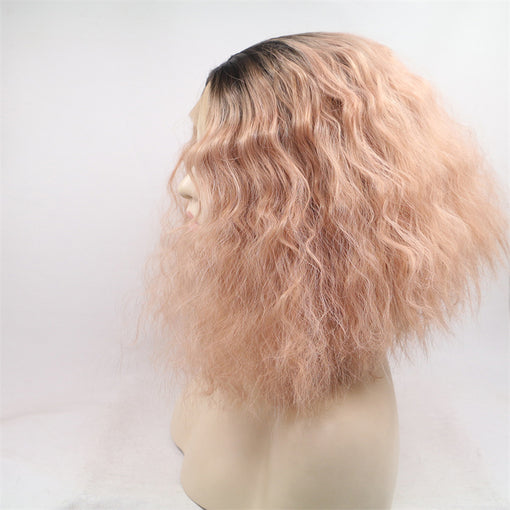 Black Root Pink Water Wave Medium Lace Front High Heat Resistant Fiber Synthetic Hair Wigs [ILS5716]