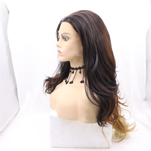 Brown Blonde Ombre Body Wave Long Lace Front High Heat Resistant Fiber Synthetic Hair Wigs [ILS5717]