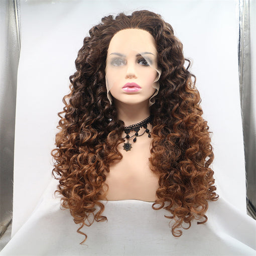 Brown Ombre Curly Long Lace Front High Heat Resistant Fiber Synthetic Hair Wigs [ILS5721]