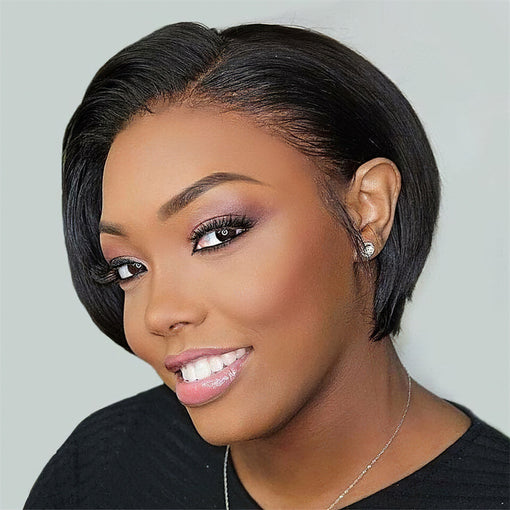 Short Bob Hairstyle 8 Inches Silky Straight Natural Black Remy Human Hair 360 Lace Wigs [I3HSS6082]
