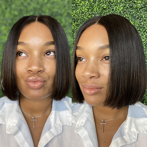 Short Bob Hairstyle 8 Inches Silky Straight Natural Black Remy Human Hair Lace Front Wigs [ILHSS6083]