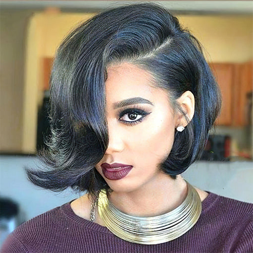 Short Bob Hairstyle 10 Inches Body Wave Natural Black Remy Human Hair Lace Front Wigs [ILHBW6085]