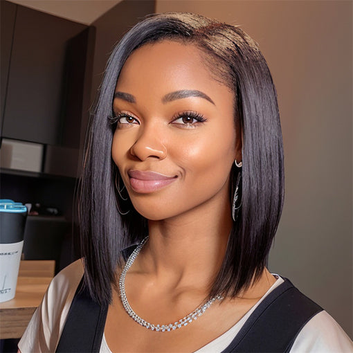 Short Bob Hairstyle 12 Inches Silky Straight Natural Black Remy Human Hair 360 Lace Wigs [I3HSS6086]