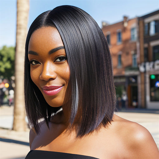 Short Bob Hairstyle 12 Inches Silky Straight Natural Black Remy Human Hair Lace Front Wigs [ILHSS6090]