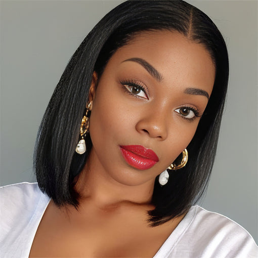 Short Bob Hairstyle 12 Inches Silky Straight Natural Black Remy Human Hair Lace Front Wigs [ILHSS6090]