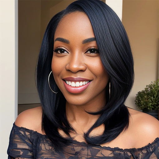 14 Inches Silky Straight Lob Layered hairstyle Natural Black Remy Human Hair Lace Front Wigs [ILHSS6095]