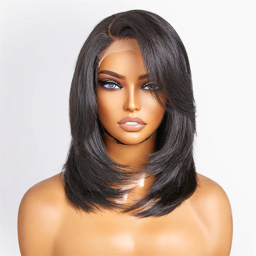 14 Inches Silky Straight Lob Layered hairstyle Natural Black Remy Human Hair Lace Front Wigs [ILHSS6095]