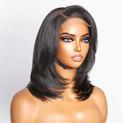 14 Inches Silky Straight Lob Layered hairstyle Natural Black Remy Human Hair Full Lace Wigs [IFHSS6095]