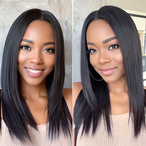 14 Inches Silky Straight Lob Layered hairstyle Natural Black Remy Human Hair 360 Lace Wigs [I3HSS6096]