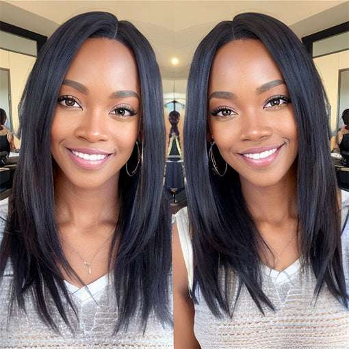 14 Inches Silky Straight Lob Layered hairstyle Natural Black Remy Human Hair Full Lace Wigs [IFHSS6096]