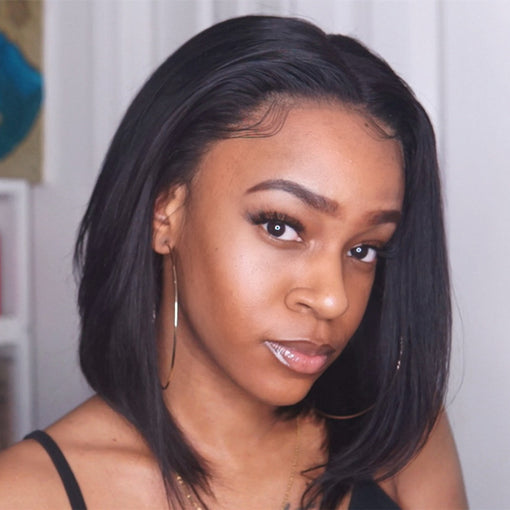 12 Inches Lob Silky Straight hairstyle Natural Black Remy Human Hair Lace Front Wigs [ILHSS6097]