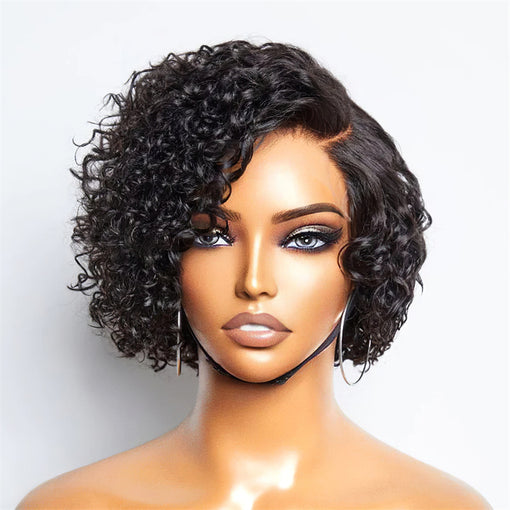 Short Bob Hairstyle 12 Inches Curly Natural Black Remy Human Hair Lace Front Wigs [ILHCY6109]