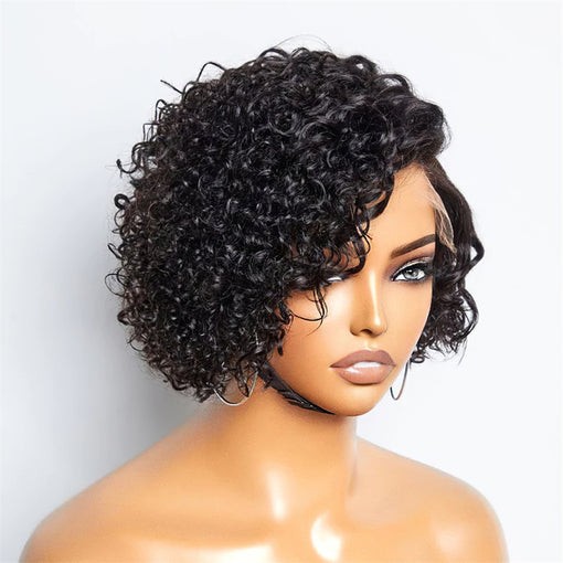 Short Bob Hairstyle 12 Inches Curly Natural Black Remy Human Hair Lace Front Wigs [ILHCY6109]