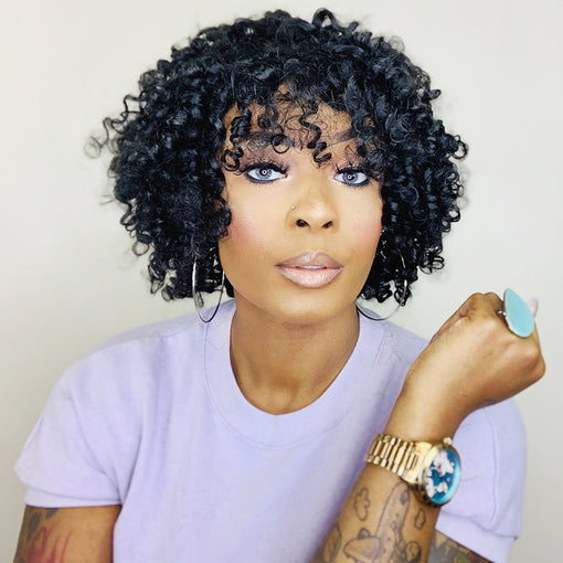 14 Inches Curly Natural Black Remy Human Hair 360 Lace Wigs [I3HCY6113]