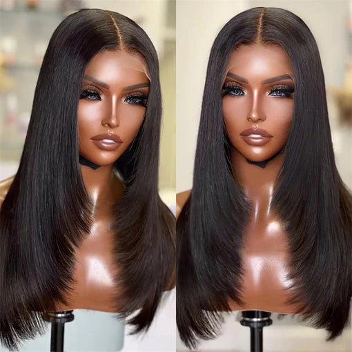 16 Inches Silky Straight Lob Layered hairstyle Natural Black Remy Human Hair Full Lace Wigs [IFHSS6115]
