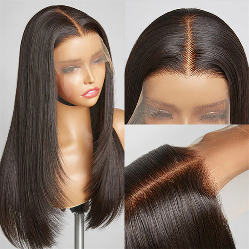 16 Inches Silky Straight Lob Layered hairstyle Natural Black Remy Human Hair Lace Front Wigs [ILHSS6115]