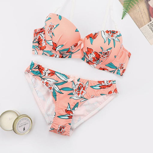 Gathering Printing Sexy Underwire 3/4 Cup Bra & Panty Sets [BRPY0031]