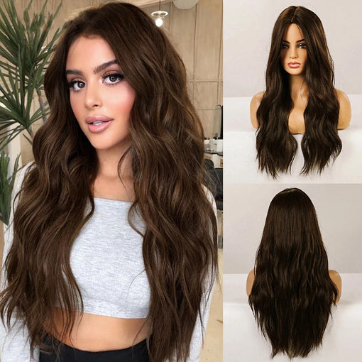 Long Dark Brown Natural Wavy Machine Made Synthetic Hair Wig