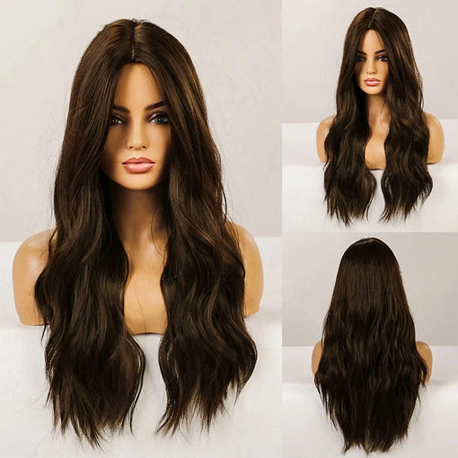 Long Dark Brown Natural Wavy Machine Made Synthetic Hair Wig