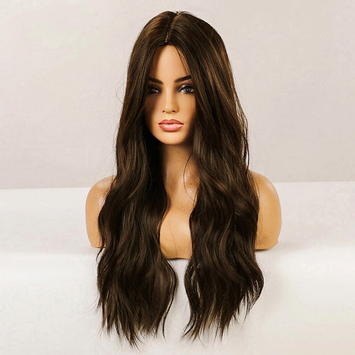 Long Dark Brown Natural Wavy Machine Made Synthetic Hair Wig