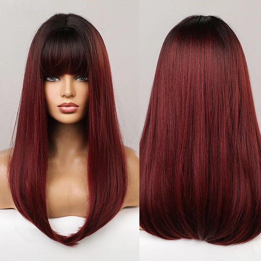 Medium Length Black Root Wine Red Straight Machine Made Synthetic Hair Wig With Bangs