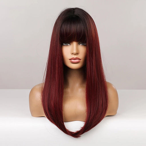 Medium Length Black Root Wine Red Straight Machine Made Synthetic Hair Wig With Bangs