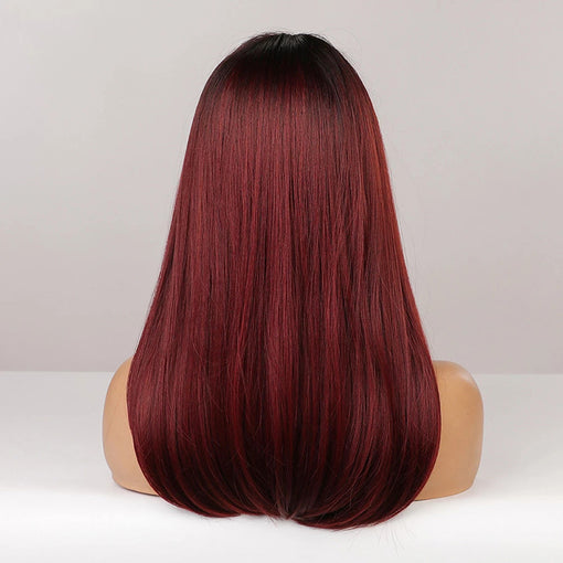 Medium Length Black Root Wine Red Straight Machine Made Synthetic Hair Wig With Bangs