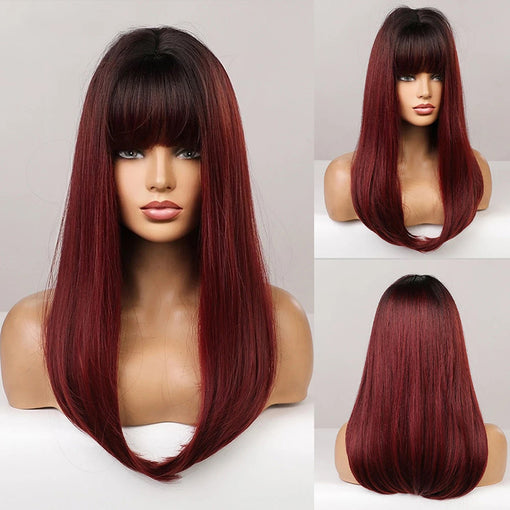 Medium Length Black Root Wine Red Straight Machine Made Synthetic Hair Wig With Bangs