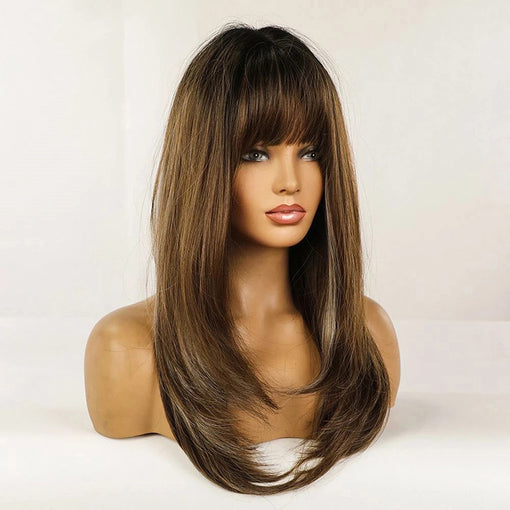 Long Brown Hightlight Straight Machine Made Synthetic Hair Wig With Bangs