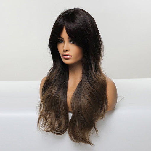 Long Ombre Black Brown Natural Wavy Machine Made Synthetic Hair Wig With Bangs