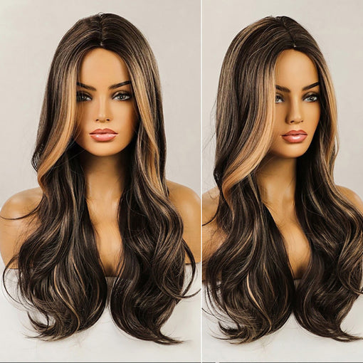 Long Brown Hightlight Natural Wavy Machine Made Synthetic Hair Wig