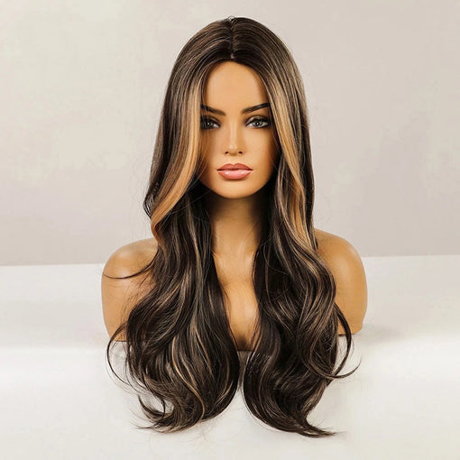 Long Brown Hightlight Natural Wavy Machine Made Synthetic Hair Wig