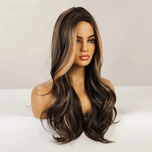 Long Brown Hightlight Natural Wavy Machine Made Synthetic Hair Wig