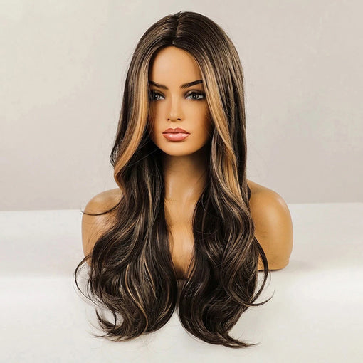 Long Brown Hightlight Natural Wavy Machine Made Synthetic Hair Wig