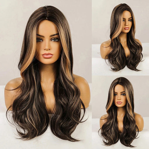 Long Brown Hightlight Natural Wavy Machine Made Synthetic Hair Wig