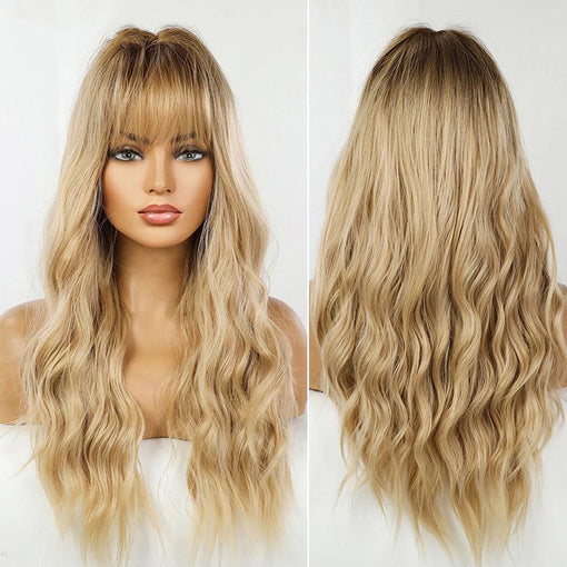 Long Brown Root Blonde Natural Wavy Machine Made Synthetic Hair Wig With Bangs