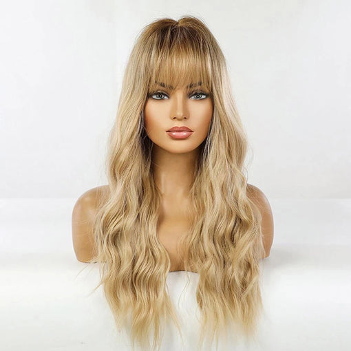 Long Brown Root Blonde Natural Wavy Machine Made Synthetic Hair Wig With Bangs