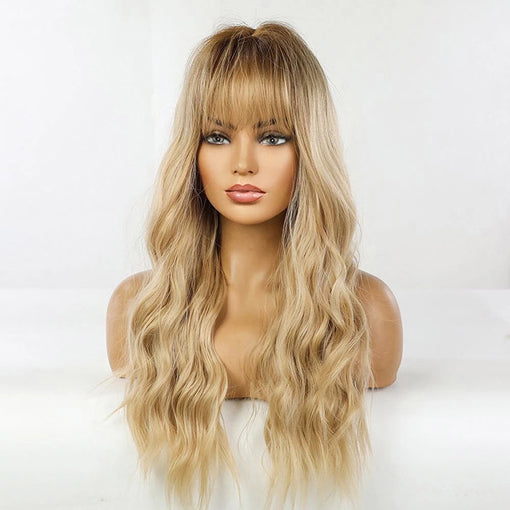 Long Brown Root Blonde Natural Wavy Machine Made Synthetic Hair Wig With Bangs