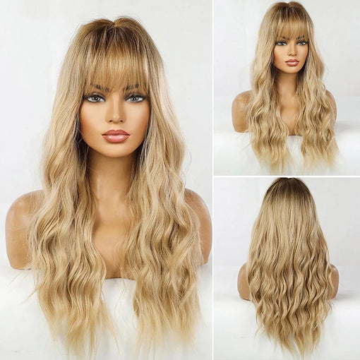 Long Brown Root Blonde Natural Wavy Machine Made Synthetic Hair Wig With Bangs