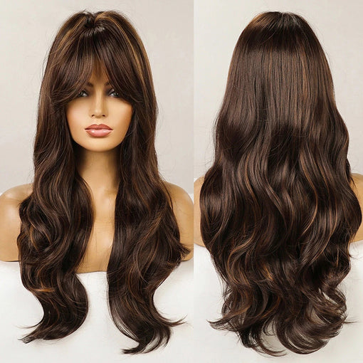 Long Dark Brown Natural Wavy Machine Made Synthetic Hair Wig With Bangs