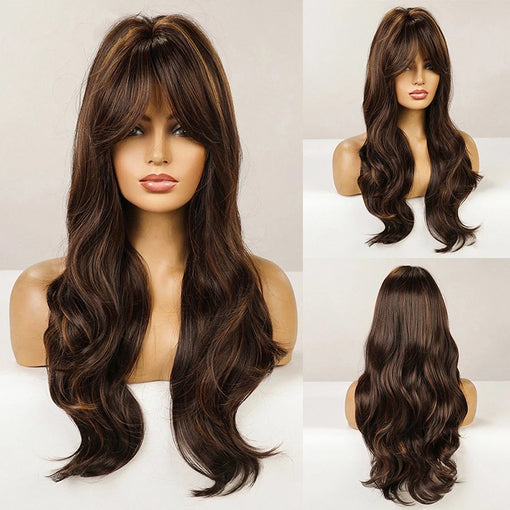 Long Dark Brown Natural Wavy Machine Made Synthetic Hair Wig With Bangs
