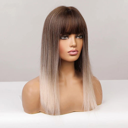 Medium Length Ombre Brown Blonde Straight Machine Made Synthetic Hair Wig With Bangs