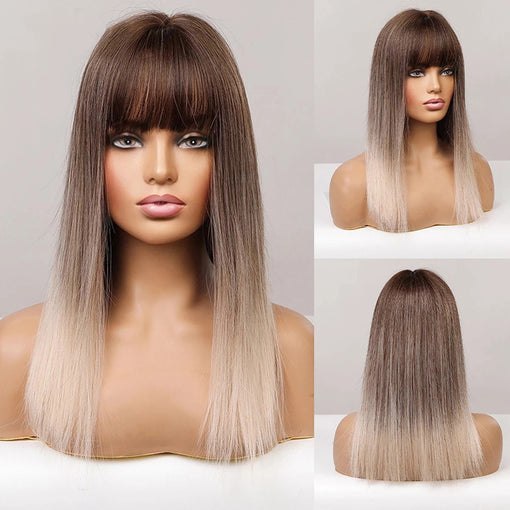 Medium Length Ombre Brown Blonde Straight Machine Made Synthetic Hair Wig With Bangs
