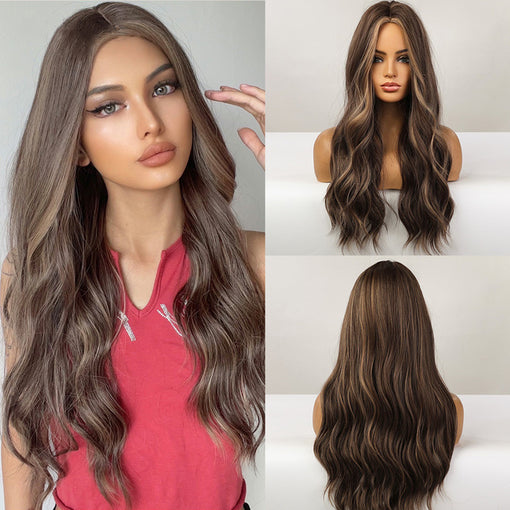 Long Brown Blonde Highlight Natural Wavy Machine Made Synthetic Hair Wig