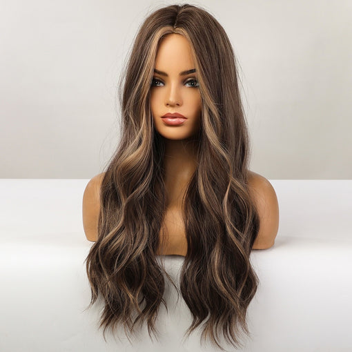 Long Brown Blonde Highlight Natural Wavy Machine Made Synthetic Hair Wig