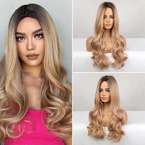 Long Brown Root Blonde Natural Wavy Machine Made Synthetic Hair Wig