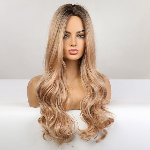 Long Brown Root Blonde Natural Wavy Machine Made Synthetic Hair Wig