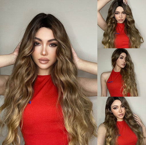 Long Brown Natural Wavy Machine Made Synthetic Hair Wig