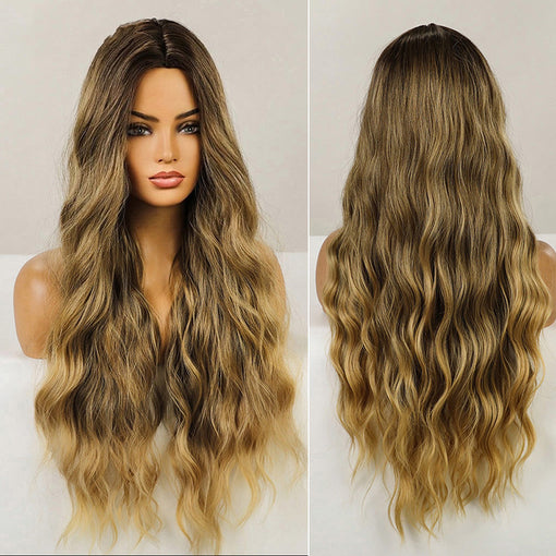 Long Brown Natural Wavy Machine Made Synthetic Hair Wig